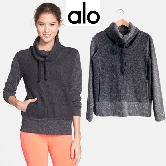 ALO Yoga Gray Sweatshirt Pullover Teddy Rib Knit Cowl High Neck Athleisure Comfy - Picture 1 of 10